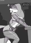 2022 anthro armor big_breasts blush bra breasts canid canine cleavage clothed clothing cooliehigh disney english_text female fox garter_belt garter_straps headdress hi_res lace legwear lingerie maid_marian mammal monochrome open_mouth red_fox robin_hood_(disney) solo text thick_thighs true_fox unconvincing_armor underwear