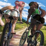 1:1 2023 anthro bicycle black_hair bottomwear butt canid canine canis clothing dolphin_shorts domestic_dog duo ear_piercing eleacat felid feline female female_anthro hair mammal mountain_bike pawpads piercing pink_hair scenery serval shorts spandex spandex_shorts tight_bottomwear tight_clothing tight_shorts vehicle