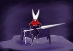 absurd_res anthro black_body breasts butt cloak clothed clothing digital_media_(artwork) eyes_closed female hi_res hollow_knight hornet_(hollow_knight) morfkey red_cloak red_clothing simple_background solo team_cherry thick_thighs weapon