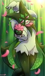 absurd_res anthro blurred_foreground female flower fur generation_9_pokemon grass green_body green_fur half-closed_eyes head_tilt hi_res holding_flower holding_object looking_at_viewer mask meowscarada morbidlycutecrunch narrowed_eyes nintendo open_mouth petals pink_eyes plant pokemon pokemon_(species) smile solo standing thick_thighs wide_hips