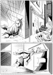 absurd_res action_scene anthro black_and_white black_eyes building canid canine canis comic dumpster dune_pearson gaudiestabyss27 hi_res hyena male mammal monochrome simple_background star trash unconscious violence wall_(structure) wolf