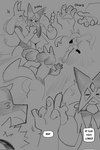 4_fingers ambiguous_gender anthro biped butt dialogue duo english_text eyes_closed fingers fur generation_4_pokemon generation_9_pokemon hi_res lucario meowscarada monochrome nintendo open_mouth open_smile pawpads pokemon pokemon_(species) profanity rear_view samu_(sincastermon) sincastermon smile tail text vine_(sincastermon)