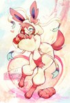 anthro big_breasts blue_eyes breasts clothed clothing eeveelution female fur generation_6_pokemon gloves hair handwear hi_res kigurumi mammal nintendo onesie pink_body pink_fur pink_hair pokemon pokemon_(species) simple_background solo sylveon tail thwillartz vince_(thwillartz)