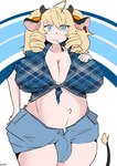 animal_humanoid big_breasts blonde_hair blue_eyes bottomwear bovid bovid_horn bovid_humanoid bovine bovine_horn bovine_humanoid bow_ribbon breasts bulge cleavage clothed clothing cow_horn curls cutoffs denim denim_bottomwear denim_clothing e-claire ear_piercing ear_tag flannel_shirt gynomorph hair hand_on_breast hand_on_hip hi_res horn horned_humanoid huge_breasts humanoid intersex jamkat mammal mammal_humanoid midriff navel open_shorts piercing shirt shorts slightly_chubby slightly_chubby_gynomorph slightly_chubby_intersex solo straw_in_mouth tail tail_tuft tailed_humanoid tied_shirt topwear tuft twintails_(hairstyle) unbuttoned_shirt