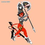 1:1 armor armor_gloves axe bare_legs black_hair boots clothing combat_boots demon female fingerless_gloves footwear gloves grey_eyes hair handwear hat headgear headwear helluva_boss high_heeled_boots high_heels horn humanoid imp leotard lyonley melee_weapon millie_(helluva_boss) red_body red_skin shoes short_hair smile solo tail unconvincing_armor weapon