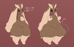 Rating: q
ID: 5515671
Date: 2025-04-19 19:36:58 -0400
Status: active
Score: 40
2022 anthro belly big_ears biped black_sclera bottom_heavy brown_background brown_body brown_eyes cellulite digital_drawing_(artwork) digital_media_(artwork) directional_arrow english_text expansion female floppy_ears frown full-length_portrait generation_4_pokemon hi_res hip_expansion huge_hips huge_thighs in_denial lagomorph long_ears looking_at_own_belly looking_at_viewer lop_ears lopunny mammal maniacalfork narrowed_eyes navel nintendo obese obese_anthro obese_female open_frown open_mouth overweight overweight_anthro overweight_female pokemon pokemon_(species) portrait sequence simple_background solo standing stare text thick_thighs thigh_expansion three-quarter_view weight_gain wide_hips post #5515671