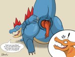 4:3 absurd_res angry animal_genitalia animal_penis anus ass_up big_butt blaze_the_charizard_(derekdragon) blue_body butt charizard cloaca cloacal_penis comic crocodilian crocodilian_penis derekdragon dialogue dragon duo english_text erection fangs feet feral feraligatr generation_1_pokemon generation_2_pokemon genitals hand_on_butt hi_res lying male male/male mythological_creature mythological_scalie mythology nintendo on_ground orange_body penis pokemon pokemon_(species) presenting presenting_cloaca presenting_hindquarters presenting_penis rear_view reptile scalie smile tail talking_feral teeth text togar_the_feraligatr_(derekdragon) wings