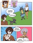 ambiguous_gender brown_eyes brown_hair clothed clothing colored comic dialogue eeveelution english_text female generation_2_pokemon generation_4_pokemon group hair hi_res human lucario male mammal nintendo pokemon pokemon_(species) pokemon_battle speech_bubble text umbreon white_hair yellow_eyes zneazel