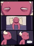 absurd_res bed caesar_(peculiart) comic dialogue english_text faceless_(species) furniture hi_res horn horned_humanoid humanoid male not_furry peculiart red_body red_skin solo speech_bubble text tired_eyes