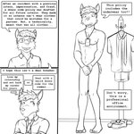 1:1 anthro black_and_white clothed clothed/nude clothed_male clothing collared_shirt comic covering covering_crotch dialogue duo embarrassed english_text eyewear felid fully_clothed fuze glasses hi_res lanyard male mammal mandated_nudity monochrome navel necktie nipples nude text