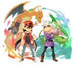 2016 ambiguous_gender animal_humanoid blaster_(splatoon) blue_(pokemon) boots callie_(splatoon) cephalopod cephalopod_humanoid charizard clothing cosplay crossover crossover_cosplay ear_piercing ear_ring eye_contact female fire footwear generation_1_pokemon group gun handgun hat headgear headwear humanoid humanoid_pointy_ears inkling looking_at_another marie_(splatoon) marine marine_humanoid markings membrane_(anatomy) membranous_wings mole_(marking) mollusk mollusk_humanoid nintendo piercing pokemon pokemon_(species) pseudo_hair ranged_weapon red_(pokemon) ring_piercing shoes splat_charger splatoon stupjam suction_cup tentacle_hair tentacles venusaur weapon wings