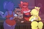 anthro avian bear big_breasts big_butt bird blue_eyes bodily_fluids bonnie_(cally3d) bonnie_(fnaf) breasts butt canid canine chica_(cally3d) chica_(fnaf) chicken commodu eye_patch eyewear female five_nights_at_freddy's fox foxy_(cally3d) foxy_(fnaf) freddy_(fnaf) fredina's_nightclub fredina_(cally3d) galliform gallus_(genus) group hi_res human lagomorph leaning leaning_forward leporid male mammal on_counter phasianid pupils rabbit scottgames scut_tail short_tail slit_pupils smile sweat sweatdrop tail yellow_eyes