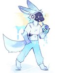 2023 4_fingers anthro blue_body blue_fur blush blush_lines bunonthemoon container cup fingers fur holding_container holding_cup holding_object looking_at_viewer machine male protogen sippy_cup slim_anthro slim_male solo walking white_eyes