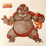 2018 2_toes 3_fingers alternate_color anthro belly biped black_eyes claws clothed clothing english_text eyebrows fakemon fangs feet fingers fire firefightdex flaming_tail forehead_gem front_view full-length_portrait gem generation_4_pokemon grey_body grey_tail hatching_(art) hi_res horn male mammal marco_fanjul marker_(artwork) mixed_media multicolored_body musclegut muscular muscular_anthro muscular_male nintendo overweight overweight_anthro overweight_male pecs pen_(artwork) pokemon pokemon_(species) portrait pupils red_body red_clothing red_horn rhinoceros rhyperior scalie shaded shadow simple_background small_pupils smile solo spread_legs spreading standing tail teeth text thick_eyebrows thong toe_claws toes toony topless traditional_media_(artwork) two_tone_body underwear white_background white_claws wide_stance