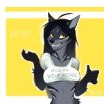 1:1 2015 aimi anthro biped black_hair breasts canid canine canis clothed clothing crop_top dialogue digital_media_(artwork) english_text female fur grey_body grey_fur grin hair looking_at_viewer mammal notched_ear pup_(aimi) shirt simple_background skimpy smile solo standing suggestive_shirt suggestive_topwear text text_on_clothing text_on_shirt text_on_topwear tight_clothing tight_shirt tight_topwear topwear under_boob wolf yellow_eyes