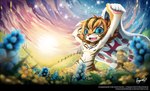 amazing_background anthro blonde_hair blue_eyes blue_flower brown_markings cloud detailed detailed_background english_text fangs felid feline fence flag flag_(object) flower fur glistening glistening_eyes hair happy holding_flag holding_object hyacinth_(flower) leopardus looking_at_viewer male mammal markings meadow nude ocelot open_mouth open_smile orange_nose outside pawpads penguinexperience pink_pawpads plant pupils signature sky slit_pupils smile solo standing striped_markings striped_tail stripes tail tail_markings teeth text theliel_(kogitsune) url whiskers white_body white_fur yellow_body yellow_flower yellow_fur