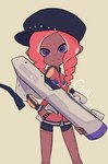 blaster_(splatoon) bottomwear cephalopod clothing english_text female hat headgear headwear hi_res holding_object holding_weapon hotpants humanoid jacket marine mollusk muifish nintendo octarian octoling octoling_girl pseudo_hair purple_eyes s-blast shorts simple_background solo splatoon tan_background tentacle_hair tentacles text thin_thighs topwear weapon