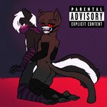 1:1 abstract_background aiden_(artbyyellowdog) album_cover anthro arm_warmers armwear black_arm_warmers black_armwear black_body black_clothing black_legwear black_stockings blush butt clothing coal_(coalcat) coalcat cover domestic_cat elbow_gloves english_text eyewear felid feline felis femboy fingerless_gloves glasses gloves hair handwear head_tuft hi_res legwear looking_at_viewer male male/male mammal mask mephitid parental_advisory_sticker pattern_armwear pattern_clothing pattern_elbow_gloves pattern_gloves pattern_handwear pattern_legwear pattern_stockings purple_background red_sclera simple_background skunk stockings striped_armwear striped_clothing striped_elbow_gloves striped_gloves striped_handwear striped_legwear striped_stockings stripes tail text tuft white_hair