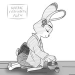 1:1 2024 anthro asian_clothing ceremony clothing disney east_asian_clothing european_rabbit female greentea hatakeclarissarts hi_res inktober japanese_clothing judy_hopps kimono lagomorph leporid mammal monochrome oryctolagus rabbit solo teapot zootopia