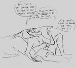 anteater anthro comic crocodile crocodilian dialogue duo english_text flaccid genitals grivaire grivaire_(character) hi_res male male/male mammal monochrome musclegut muscular penis pilosan reptile scalie size_difference text xenarthran