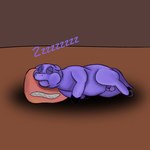 1:1 balls cuddlybloodily drop_shadow eyes_closed feral fluffy_pony fluffy_pony_(species) fur genitals hi_res male mammal penis pillow purple_body purple_fur sid_(cuddlybloodily) simple_background sleeping solo sound_effects suina vowelless vowelless_sound_effect zzz