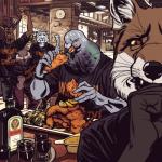 1:1 alcohol antelope anthro avian beak beverage billmund bird bodily_fluids bovid canid canine cere_(anatomy) clothed clothing columbid common_pigeon creatures_of_the_night dodger_(creatures_of_the_night) felid fist fist_pump food fox group hi_res inside jägermeister leopard looking_at_viewer male mammal nervous night_owl_(creatures_of_the_night) open_mouth overweight owl pantherine pigeon selfie sitting snow_leopard snowy_(creatures_of_the_night) springbok standing sweat the_stag true_antelope wingman