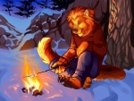 2013 anthro campfire candy demicoeur dessert digital_media_(artwork) felid fire food lion male mammal marshmallow night outside pantherine roasting_marshmallow snow solo tail winter