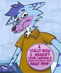 accessory anthro blue_body blue_fur blue_hair canid canine cheek_tuft ears_back english_text facial_tuft fox fur hair half-closed_eyes humor luckfoxo33 mammal meme multicolored_body multicolored_fur narrowed_eyes neck_tuft nickelodeon pin_accessory pin_button pivoted_ears purple_body purple_fur solo spongebob_squarepants text tolng trans_(lore) trans_man_(lore) tuft white_body white_fur