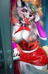 2022 absurd_res alternative_fashion anthro areola breasts canid canid_demon canine clothing collar cosplay crossover crossover_cosplay demon digital_media_(artwork) ear_piercing english_text exposed_breasts eyebrow_piercing eyebrow_ring facial_piercing female fingers five_nights_at_freddy's five_nights_at_freddy's:_security_breach forked_tongue goth hair hellhound helluva_boss hi_res latex latex_clothing latex_skinsuit legwear long_hair looking_at_viewer loona_(helluva_boss) machine mammal moonabel multiple_piercings mythological_canine mythological_creature mythology nipples open_mouth piercing ring_piercing roxanne_wolf rubber_clothing scottgames skinsuit solo spiked_collar spikes steel_wool_studios text tight_clothing tongue tongue_out