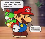 2024 clean_diaper clothed clothing dialogue diaper digital_media_(artwork) dinosaur duo english_text gloves green_yoshi hair handwear hat hatchlingbyheart headgear headwear human i_think_we're_gonna_have_to_kill_this_guy inside male mammal mario mario_bros meme nintendo overalls paper_mario:_the_thousand_year_door prehistoric_species reptile sad scalie side_view speech_bubble standing text the_great_gonzales_jr toony wearing_diaper yoshi young