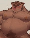 2024 anthro belly big_belly blush bodily_fluids hermann_(knights_college) hi_res kemono knights_college lleeffff male mammal musclegut muscular navel overweight overweight_male simple_background solo suid suina sus_(pig) sweat wild_boar