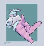 animal_skin anthro balls bandai_namco bottomless butt clothed clothing digimon digimon_(species) fur genitals hi_res horn lying male on_front overweight psychemon reiko_u shirt solo striped_body striped_fur stripes t-shirt thick_thighs topwear