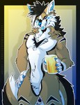 2022 5_fingers alcohol anthro beer beverage black_eyebrows black_hair blue_claws blue_eyes blue_nose blue_pawpads blue_tongue canid canine canis claws container cup domestic_dog eyebrows featureless_crotch fingers fur hair hi_res inner_ear_fluff male mammal mug multicolored_body multicolored_fur navel open_mouth pawpads smolsynthwave solo standing tail teeth tongue tuft white_inner_ear_fluff