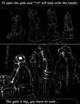 absurd_res anthro black_background canid colored_line_art comic dark dialogue digital_drawing_(artwork) digital_media_(artwork) english_text felid female fifty_seventh_(kofomy) fifty_sixth_(kofomy) group hi_res kofomy line_art male mammal monochrome simple_background speech_bubble text white_line_art