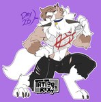 2022 4_toes anarchy_symbol anthro bottomwear brown_body brown_hair canid canine clothing collar english_text feet fur generation_7_pokemon hair hi_res lycanroc male mammal midday_lycanroc muscular muscular_male nintendo pants pokemon pokemon_(species) purple_background red_eyes shirt simple_background solo spikes spikes_(anatomy) tail tattoorexy teeth text toes topwear torn_clothing white_body white_fur