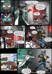 2018 absurd_res anthro brown_body brown_fur clothed clothing coat colored comic dialogue dialogue_box english_text female fight firing_weapon flashback fur glowing glowing_weapon green_clothing hi_res in_our_shadow jayrunner_(kitfox-crimson) kitfox-crimson lab_coat lemur male mammal murid murine primate rat rodent schorl_(kitfox-crimson) shooting speech_bubble strepsirrhine text topwear