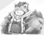 2024 ailurid anthro clothed clothing cute_fangs fangs hi_res kemono male mammal overweight overweight_male red_panda roostax_wilddog simple_background solo suruga_(tamacolle) tamacolle teeth