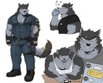 absurd_res anthro belt canid canine canis cellphone chat_message cjk_character clothing cuff_(restraint) ear_piercing electronics facial_scar fingerless_gloves fur gloves grey_body grey_fur gun handcuffs handgun handwear hi_res key korean_text male mammal metal_cuffs model_sheet notched_ear phone piercing police police_officer police_uniform ranged_weapon restraints scar simple_background smartphone solo text topwear uniform vest warr weapon white_background white_body white_clothing white_fur white_topwear white_vest wolf