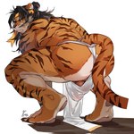 absurd_res anthro arknights balls balls_outline beard biceps black_beard black_facial_hair black_hair bulge clothing crouching detailed_bulge facial_hair felid fur genital_outline genitals hair hand_on_ground hi_res huai_tianpei_(arknights) hypergryph looking_back male mammal multicolored_body orange_body orange_fur p2yong pantherine pawpads penis_outline quads rear_view signature simple_background solo striped_body stripes studio_montagne tiger underwear white_background white_body white_fur