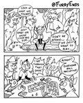 4:5 ambiguous_gender anthro artist_name black_and_white canid canine clothing collar collar_only comic dialogue digital_drawing_(artwork) digital_media_(artwork) ear_piercing english_text furryends group headgear headwear humor line_art mammal meme mirt_the_possum_(character) monochrome mythological_canine mythological_creature mythology nekeithfox nude piercing pointy_speech_bubble speech_bubble tabletop_game tabletop_rpg text were werecanid werecanine werewolf