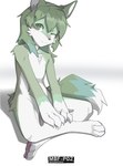 2024 4_fingers 4_toes anthro black_nose canid canine chest_tuft crotch_tuft feet female fingers fox fur green_body green_eyes green_fur green_hair hair half-closed_eyes hi_res inner_ear_fluff looking_at_viewer mammal mbf-p02 narrowed_eyes nude pawpads paws purple_body purple_fur sitting solo straviios toes tuft white_body white_fur