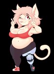 2024 5_fingers :3 alpha_channel belly belly_overhang big_belly big_breasts big_head black_clothing black_leggings black_legwear blep blush bra breasts capri_(doxxyl) cel_shading chibi cleavage closed_smile clothed clothing deep_navel digital_media_(artwork) domestic_cat double_v_sign doxxyl eyebrow_through_hair eyebrows felid feline felis female fingers footwear full-length_portrait fur gesture hair hand_gesture happy hi_res humanoid humanoid_hands inner_ear_fluff leggings legwear mammal midriff mouth_closed navel one_eye_closed overweight overweight_female overweight_humanoid pink_hair pink_nose pink_tongue portrait prosthetic prosthetic_leg prosthetic_limb pupils red_bra red_clothing red_eyes red_footwear red_shoes red_underwear shaded shoes simple_background smile solo standing tail tan_body tan_fur tan_skin three-quarter_view tongue tongue_out translucent translucent_hair transparent_background tuft underwear v_sign