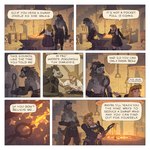 1:1 anthro beverage blacksmith_dwarf_(saintmonstre) blacksmith_gnoll_(saintmonstre) blacksmithing blush blush_lines clothing comic dialogue duo dwarf english_text female fire gnoll hi_res humanoid hyena inside male mammal saintmonstre scar tattoo text