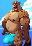 2020 5_fingers anthro big_bulge big_muscles black_claws black_nipples black_nose blue_eyes brown_body brown_fur brown_hair bulge claws clothed clothing detailed_bulge ear_piercing fingers fur genital_outline gloves_(marking) grin hair hi_res huge_bulge humanoid_hands hyena hyper hyper_bulge looking_at_viewer male mammal markings musclegut muscular muscular_anthro muscular_male nipples penis_outline piercing remidragon slightly_chubby slightly_chubby_male smile solo speedo spots spotted_body spotted_fur spotted_hyena standing swimwear taoren topless undressing