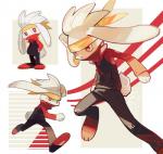 2019 accessory ambiguous_gender anthro big_ears bottomwear clothed clothing floppy_ears fur generation_8_pokemon headband hi_res knollplaid lagomorph leporid long_ears looking_away mammal nintendo pants pokemon pokemon_(species) pose raboot red_eyes running simple_background solo standing sweater topwear white_background white_body white_fur