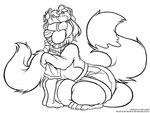 2009 anthro big_breasts big_bulge bottomwear breasts brown_hair bulge canid canid_taur canine canine_taur canis clothing deonwolf detailed_bulge digital_media_(artwork) duo eyes_closed fur gynomorph hair hug huge_breasts huge_bulge hyper hyper_bulge intersex kissing male mammal mammal_taur padfoot_(padfootsm) peach_(deonwolf) shirt shorts stripes taur topwear tuft wolf