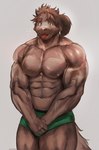 abs anthro blush brown_body brown_fur brown_hair catoblepas catoblepas_(tas) clothing covering covering_crotch covering_self embarrassed fur green_eyes hair hi_res jindoruu lifewonders male muscular muscular_anthro muscular_male nipples pecs ponytail solo tokyo_afterschool_summoners underwear vein veiny_muscles