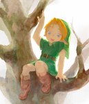 belt blonde_hair blue_eyes boots child clothing elf footwear hair hat headgear headwear hi_res humanoid humanoid_pointy_ears hylian light_body light_skin male nintendo not_furry ocarina_of_time olxexlo open_mouth open_smile plant shirt shoes simple_background sitting smile solo the_legend_of_zelda topwear tree tunic young young_link