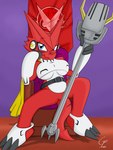 anthro bandai_namco blue_eyes breasts chair digimon digimon_(species) digimon_xros_wars female furniture hi_res non-mammal_breasts overlord_gabriel red_body shoutmon solo throne under_boob