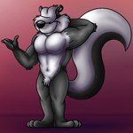 1:1 4_fingers abs anthro arm_tuft black_body black_fur crotch_tuft digital_drawing_(artwork) digital_media_(artwork) elbow_tuft fingers full-length_portrait fur hair hair_over_eyes hand_behind_head hi_res looney_tunes male mammal mephitid multicolored_body multicolored_fur multicolored_tail muscular muscular_anthro muscular_male navel nude nude_anthro nude_male pecs pitu_le_pew plantigrade portrait red_background rjquaty shaded shoulder_tuft simple_background skunk smile soft_shading solo standing tail tuft two_tone_body two_tone_fur two_tone_tail warner_brothers white_body white_fur white_hair white_inner_ear